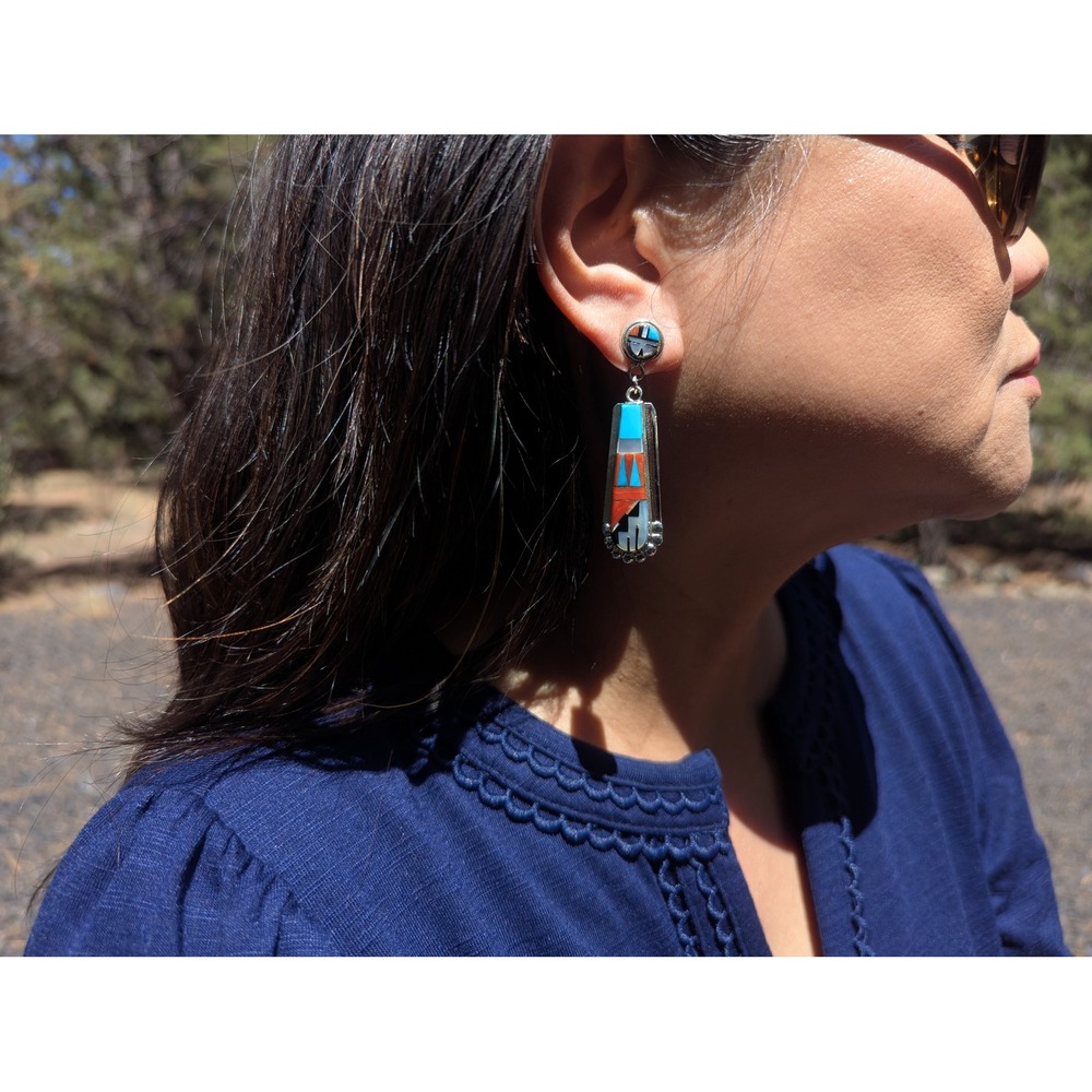 Zuni Multi Stone Inlay Turquoise Drop Earrings Native American Sterling Jewelry* - Picture 5 of 12